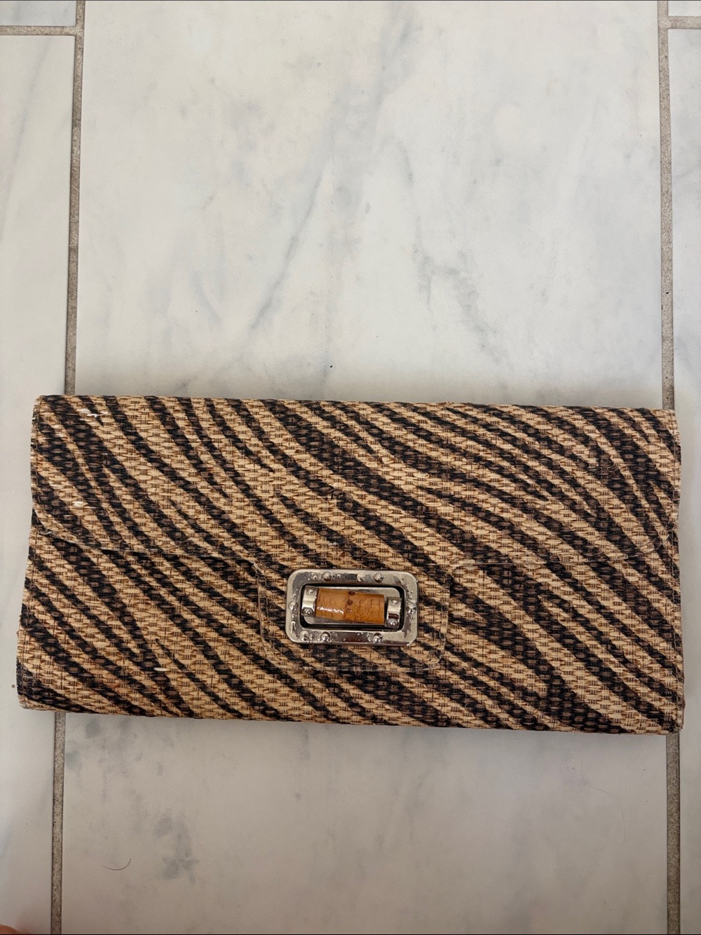 Woven Zebra-Stripe Clutch - Black and Tan